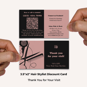 Modern Salon Logo QR Code Pink Black Thank You  Discount Card