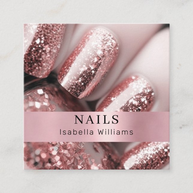 Modern salon rosegold glitter nails square business card (Front)
