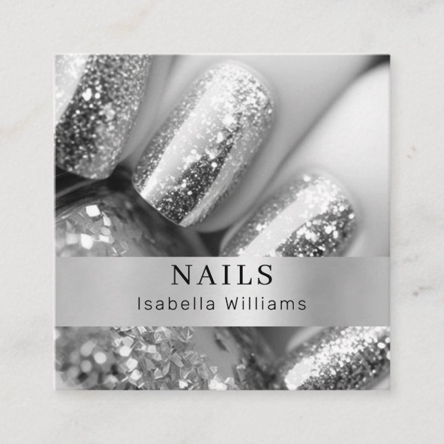 Modern salon silver glitter nails square business card (Front)
