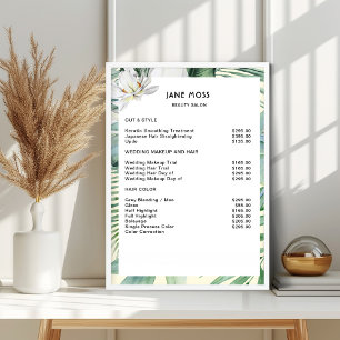 Modern, salon, watercolor tropical Price List Poster