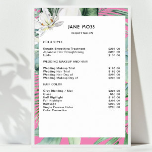 Modern Salon Watercolor Tropical Price List Poster
