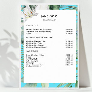 Modern, salon, watercolor tropical Price List Poster