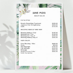 Modern Salon Watercolor Tropical Price List Poster