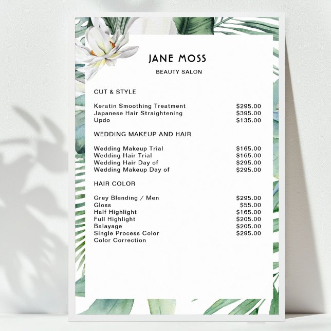 Modern Salon Watercolor Tropical Price List  Poster (Modern Salon Watercolor Tropical Price List Poster)