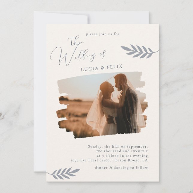 Modern Sample Leaves Distressed Photo Wedding Invitation (Front)