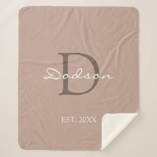 Modern Sand Beige Script Family Monogram Name Sherpa Blanket