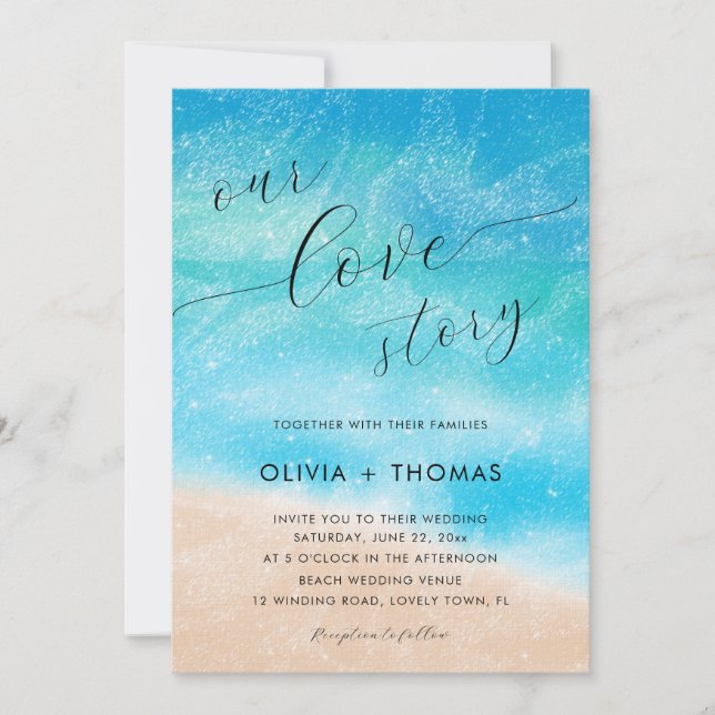Modern Sand Waves Beach Our Love Story Wedding Invitation (Front)