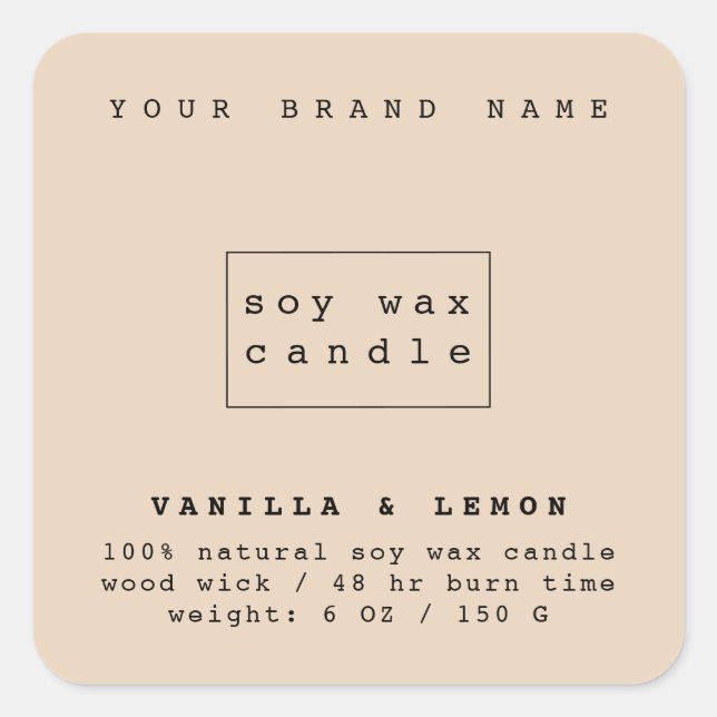 Modern sandy tan cosmetics packaging candle square sticker (Front)