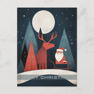 Modern Santa and Elk Illustration Postcard