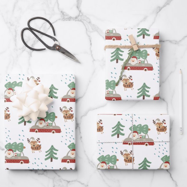 Modern Santa Claus Snowy Forrest Christmas Wrapping Paper Sheet (Front)