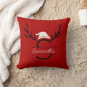 Modern Santa Monogram Antler Christmas Custom Name Cushion