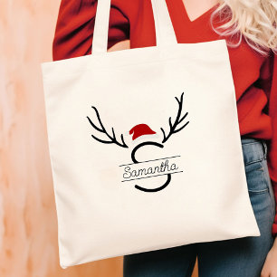 Modern Santa Monogram Antler Christmas Custom Name Tote Bag