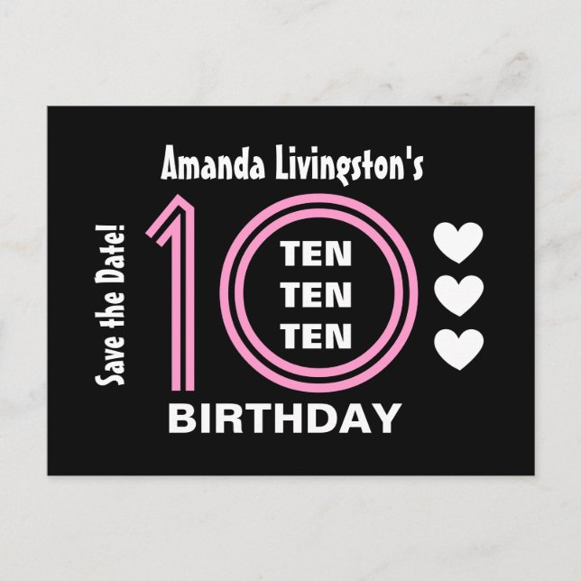 Modern Save the Date 10th Birthday Party V01B Announcement Postcard (Front)