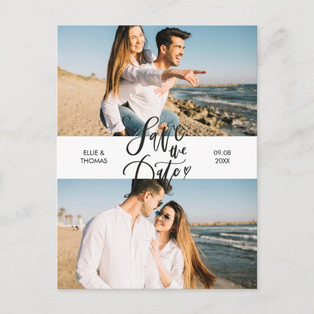 Modern Save the Date 2 Photo Collage Script Postcard (Front)