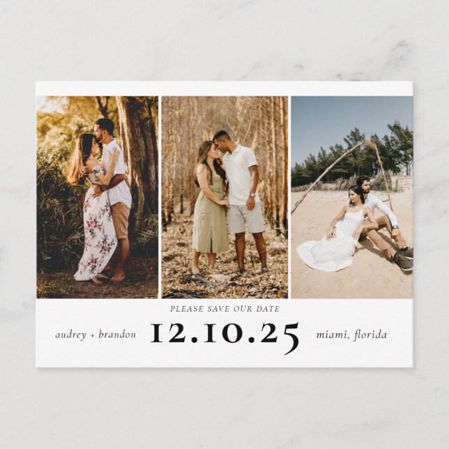Modern Save the Date 3 Photo Collage Announcement Postcard (Front)