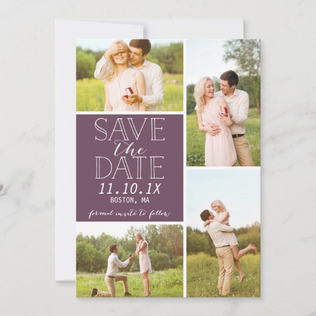 Modern Save The Date 4-Photo Purple Collage (Front)