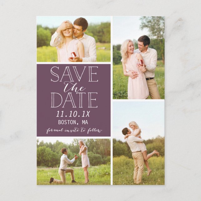 Modern Save The Date 4-Photo Purple Collage Announcement Postcard (Front)