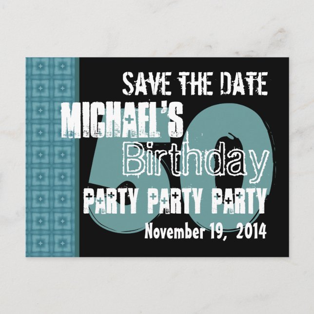 Modern Save the Date 50th Birthday Teal and Aqua Announcement Postcard (Front)