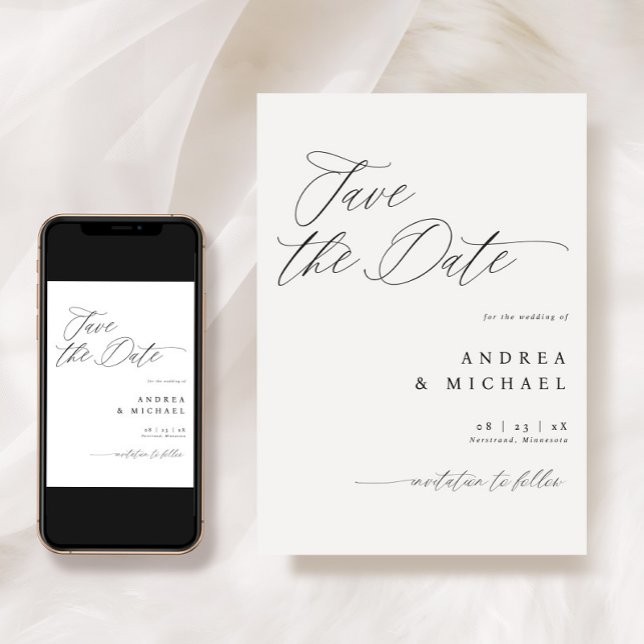 Modern Save the Date Card Elegant Romantic (Modern Save the Date Cards - Romantic Calligraphy Wedding - Black and White - Downloadable)