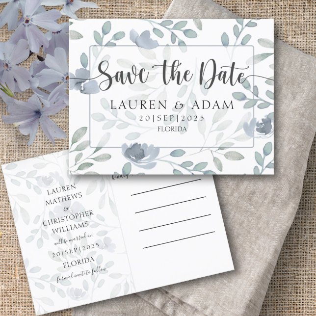 Modern Save the Date Dusty Blue Eucalyptus Floral  Announcement Postcard (Creator Uploaded)