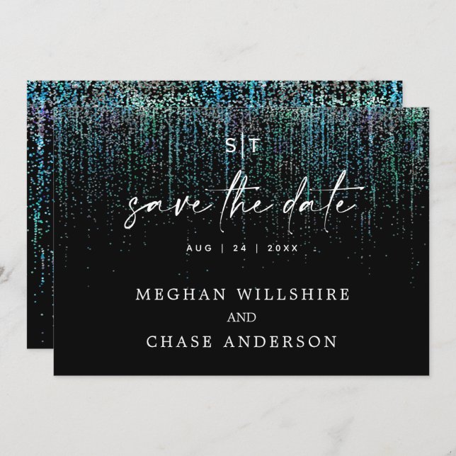 Modern Save the Date Edgy Teal Glitter Invitation (Front/Back)