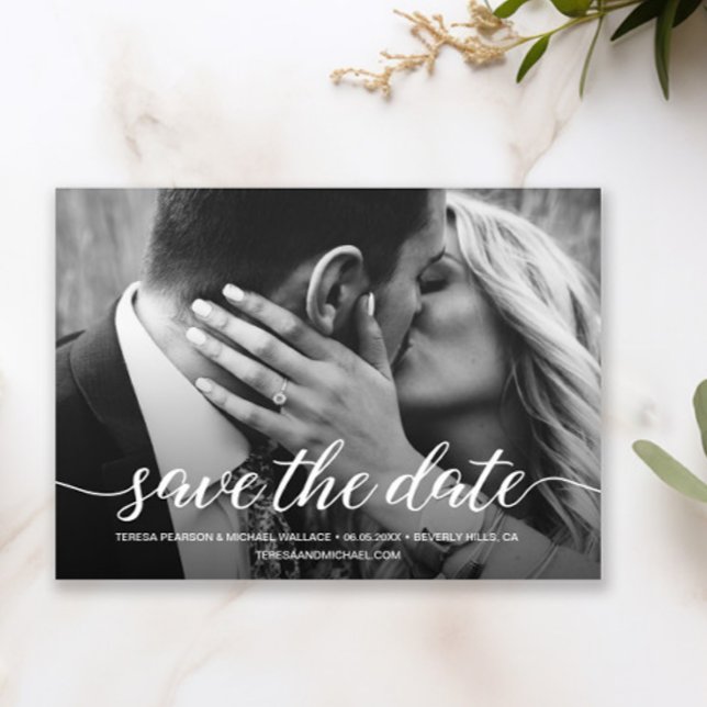 Modern Save The Date Engagement Photo (Elegant white overlay Save the date script custom photo card.)