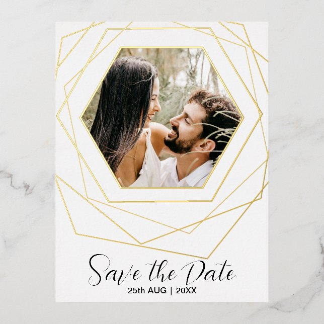 Modern Save the Date Gold Geometric Photo Foil Holiday Postcard (Front)