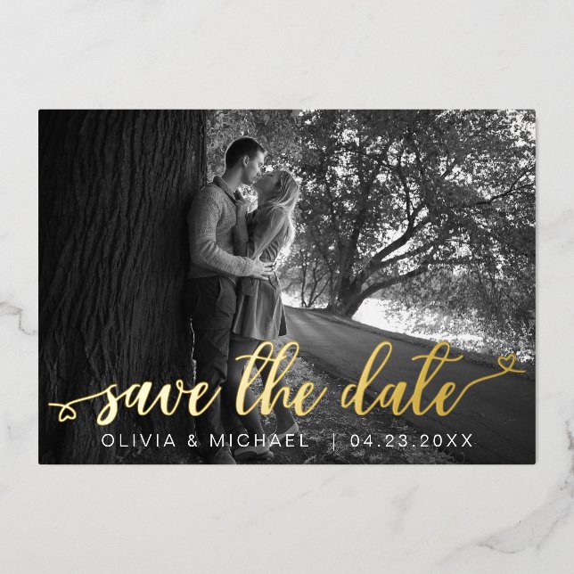 Modern Save the Date Gold Handwritten Photo (Front)
