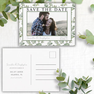 Modern Save the Date Green Eucalyptus & Photo Postcard