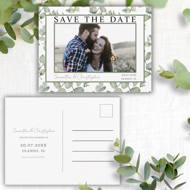  Modern Save the Date Green Eucalyptus & Photo Postcard (Creator Uploaded)