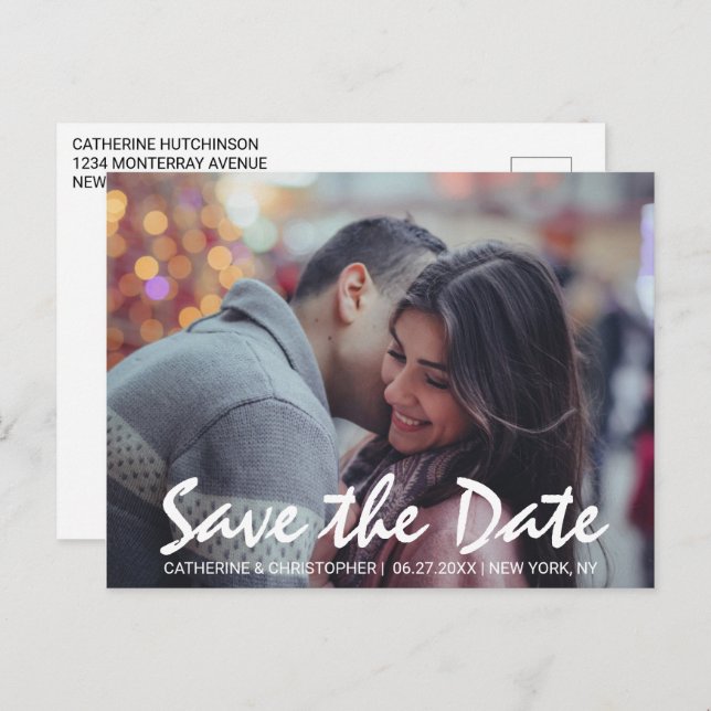 Modern Save the Date Hand Lettered Photo Postcard (Front/Back)