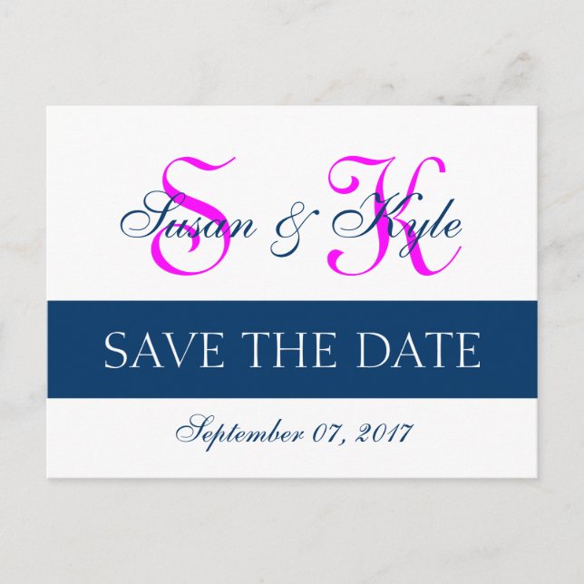 Modern Save the Date Navy Blue, Fuchsia (FF00FF) Announcement Postcard (Front)