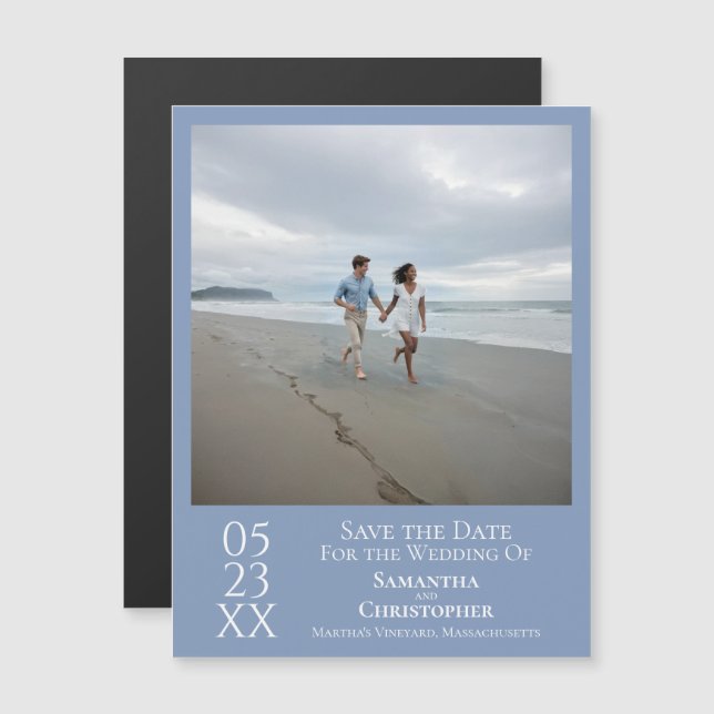Modern Save the Date Photo Dusty Blue Magnet (Front/Back)