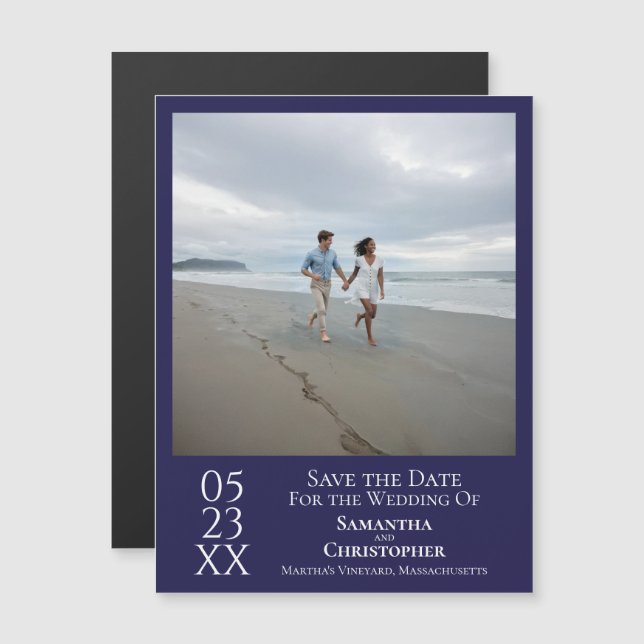 Modern Save the Date Photo Navy Blue Magnet (Front/Back)