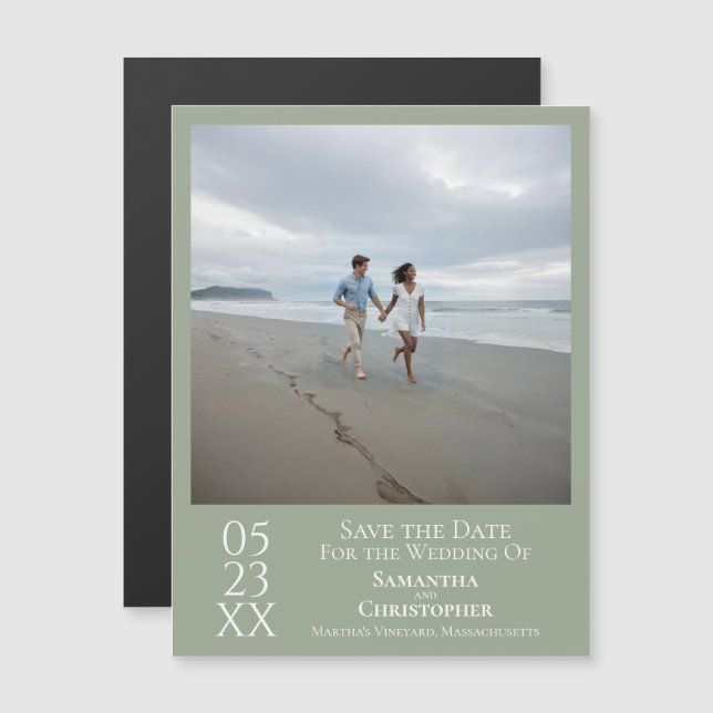 Modern Save the Date Photo Sage Green Magnet (Front/Back)