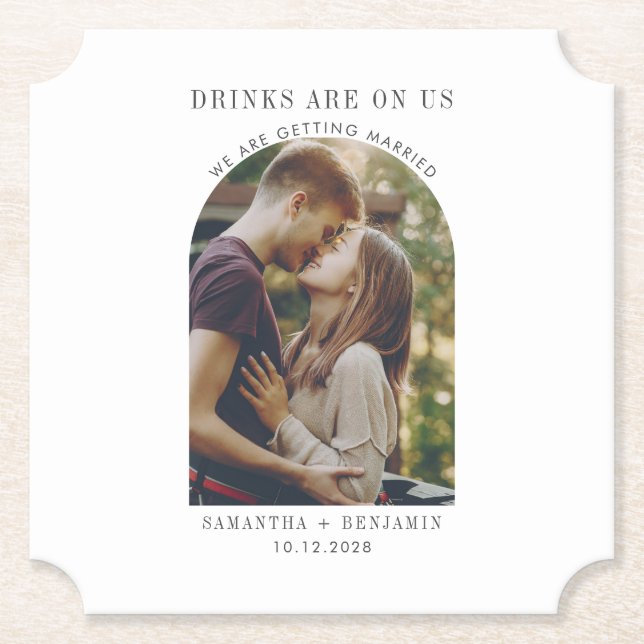 Modern Save the Date Photo Wedding Announcement Paper Coaster (Front)