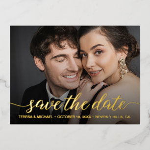 Modern Save the date Photo Wedding Gold Foil Invitation Postcard