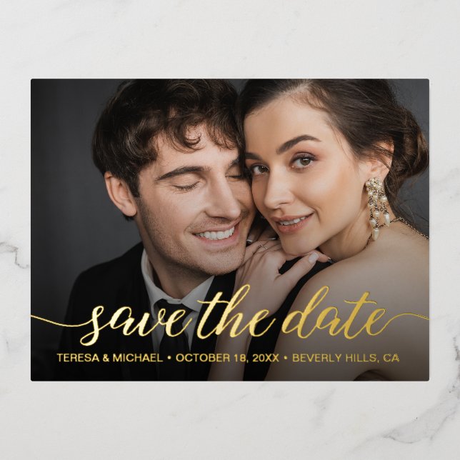 Modern Save the date Photo Wedding Gold Foil Invitation Postcard (Front)
