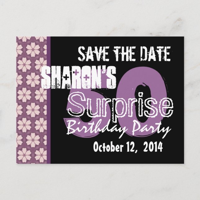 Modern Save the Date Surprise 50th Purple Black Announcement Postcard (Front)