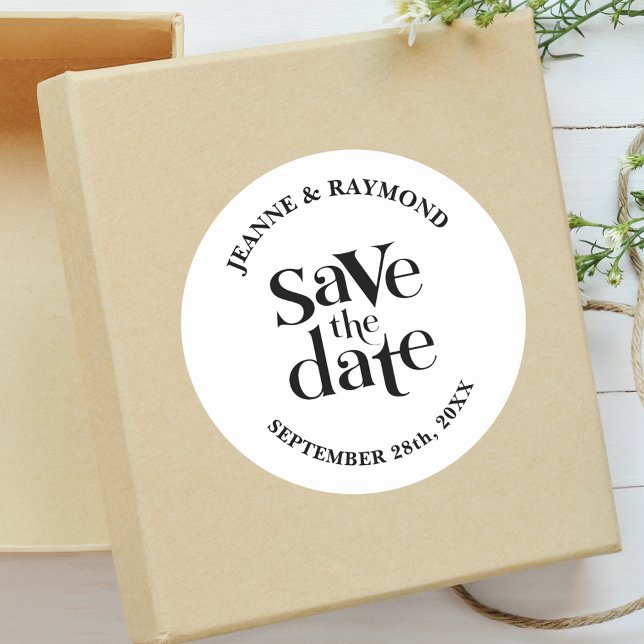 Modern Save The Date Wedding Announcement Classic Round Sticker (Wedding announcement sticker brings timeless beauty to special event mail.)