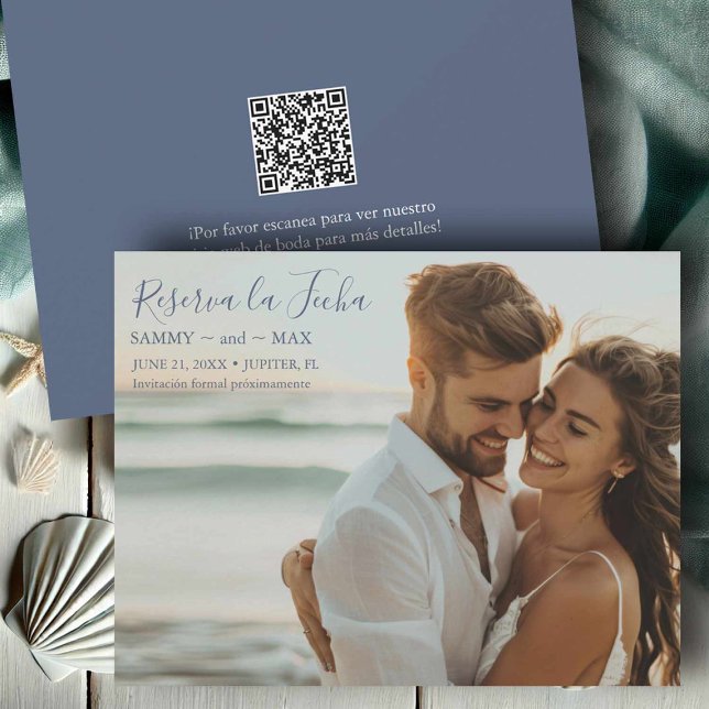 Modern Save the Date with Couple Photo (Save the date in Spanish with QR-code and photo.)