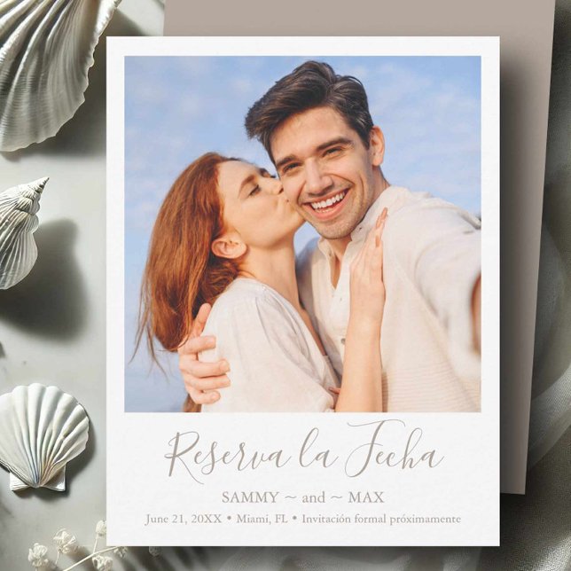 Modern Save the Date with Couple Photo (Save the date in Spanish custom photo neutral colors.)