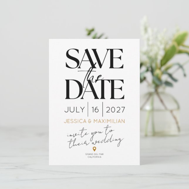 Modern save the date with gold accents card (Standing Front)