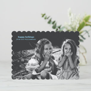 Modern Scalloped Black White Happy Holidays Photo Holiday Card
