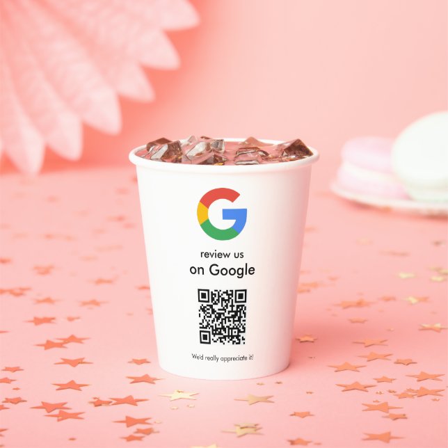 Modern Scan to Review Google QR Code Business Sign Paper Cups (Insitu)