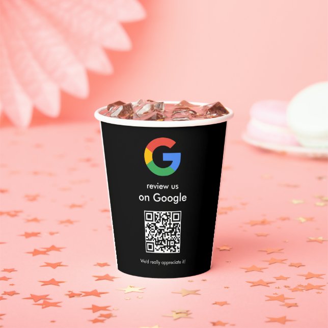 Modern Scan to Review Google QR Code Business Sign Paper Cups (Insitu)
