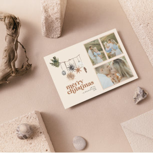 Modern Scandi Boho Neutral Family 3 Photo Merry Ho Holiday Card