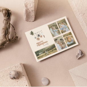 Modern Scandi Boho Neutral Family 5 Photo Merry Holiday Card