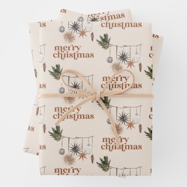 Modern Scandi Boho Neutral Merry Christmas Wrapping Paper Sheet (In situ)