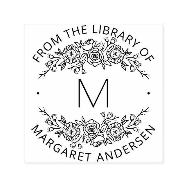 Modern Scandi Botanical Wreath Monogram Bookplate Self-inking Stamp (Design)